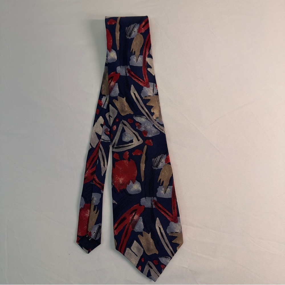 Vintage 90s Abstract Geometric Silk Tie - Retro Painterly Art Pattern - Navy Red